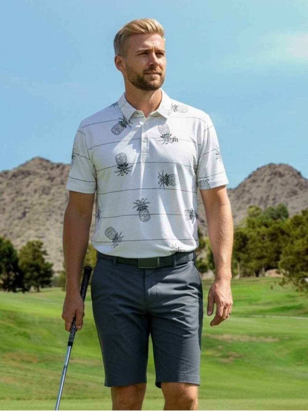 Travis Mathew Stacked Deck Pineapple Polo Men’s XL White Gray Golf Performance